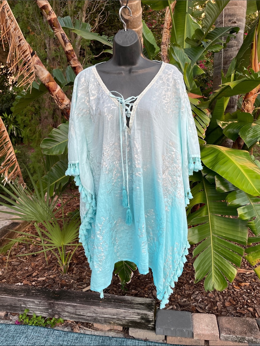 Silver coral and tassel trim, hombre swim cover cover-up